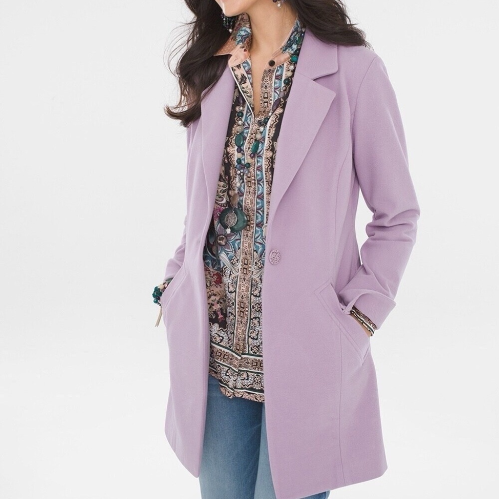 New CHICOS Size 1 US M Plush Jacket One Button Long Blazer Warm Coat Light Blue
